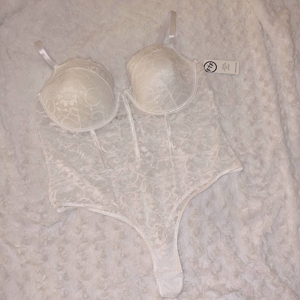 Fashion To Figure Plus Lace Thong Bodysuit White - 2X